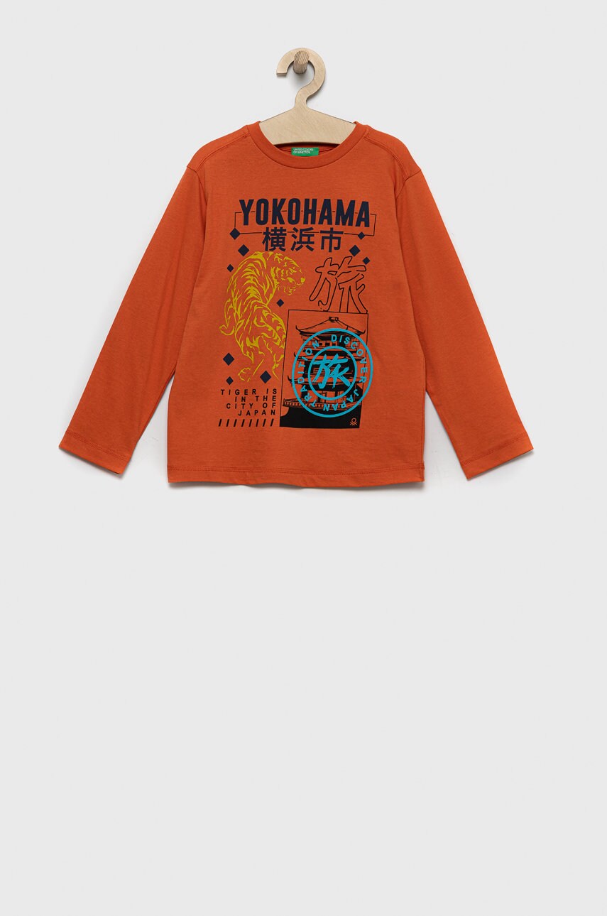 United Colors Of Benetton longsleeve din bumbac pentru copii culoarea portocaliu, neted