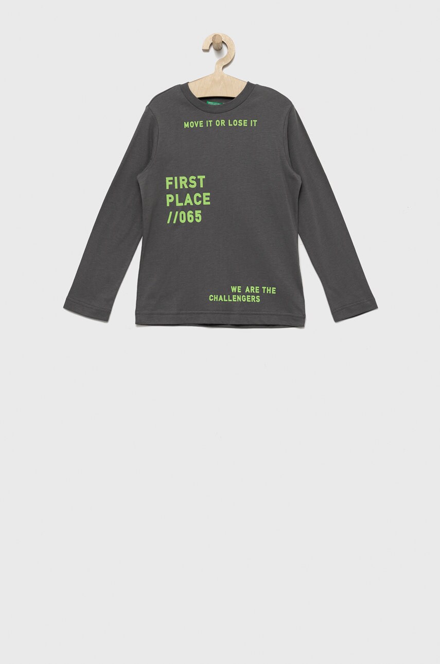 United Colors Of Benetton longsleeve din bumbac pentru copii culoarea gri, neted