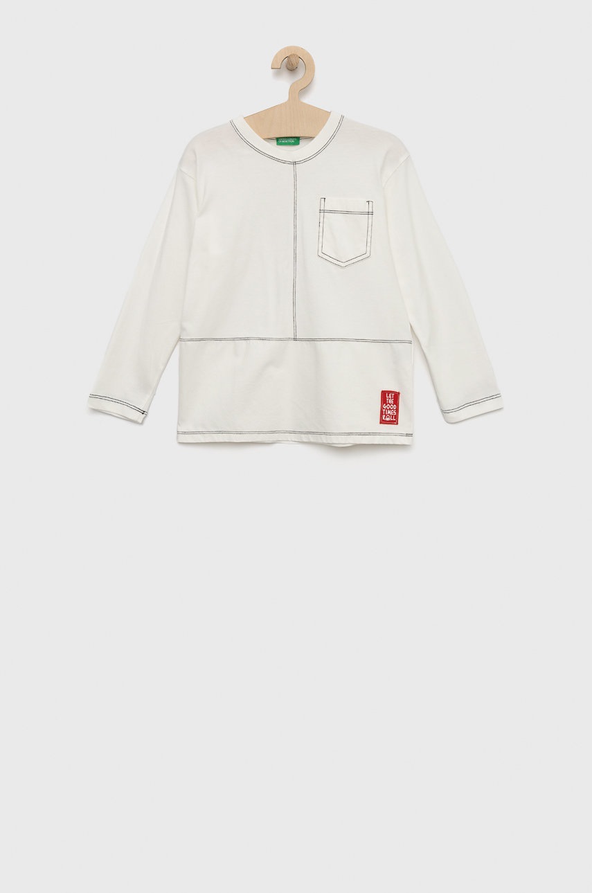 

Дитячий бавовняний лонгслів United Colors of Benetton колір білий однотонний