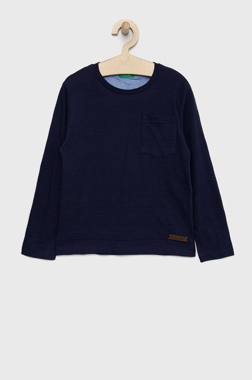 

Хлопковый детский лонгслив United Colors of Benetton цвет синий однотонный