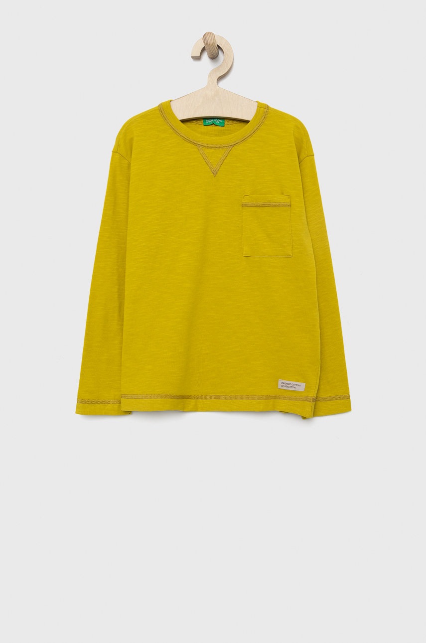

Дитячий бавовняний лонгслів United Colors of Benetton колір зелений однотонний