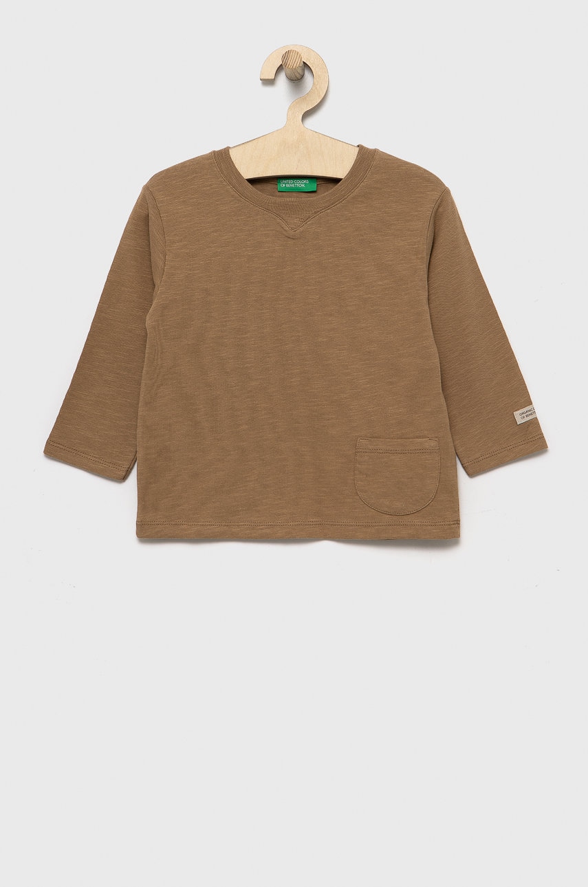 United Colors Of Benetton longsleeve din bumbac pentru copii culoarea maro, neted