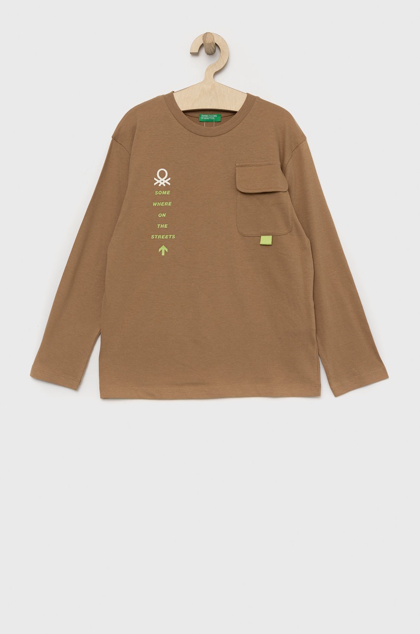 

Дитячий бавовняний лонгслів United Colors of Benetton колір коричневий з аплікацією