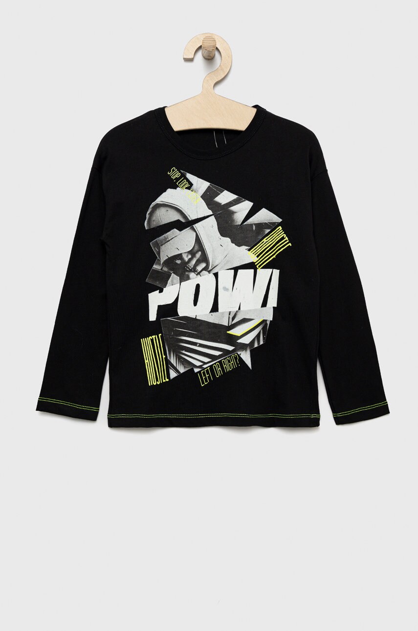 Sisley longsleeve din bumbac pentru copii culoarea negru, cu imprimeu