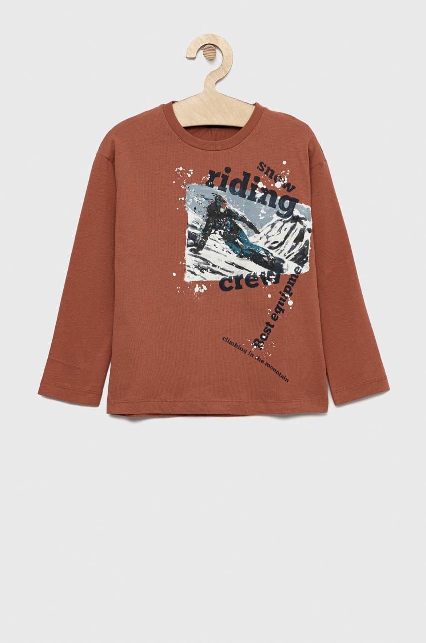 Sisley longsleeve din bumbac pentru copii culoarea maro, cu imprimeu