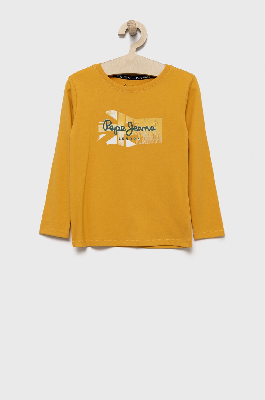Pepe Jeans longsleeve din bumbac pentru copii culoarea galben, cu imprimeu