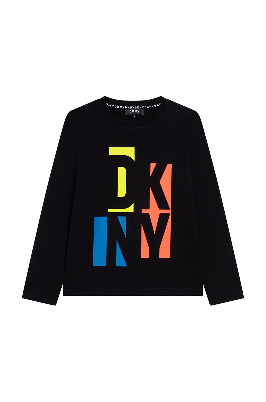DKNY longsleeve din bumbac pentru copii culoarea negru, cu imprimeu