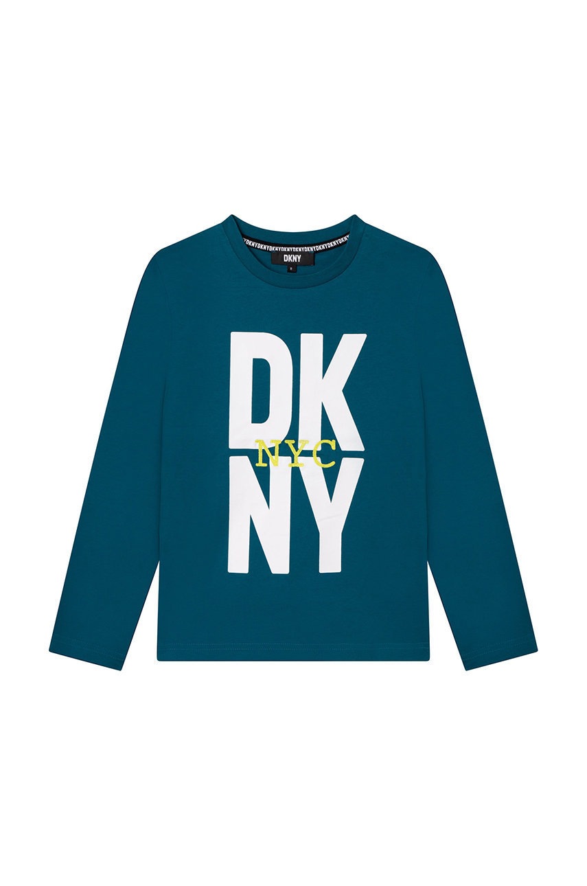 

Дитячий бавовняний лонгслів Dkny колір бірюзовий з принтом