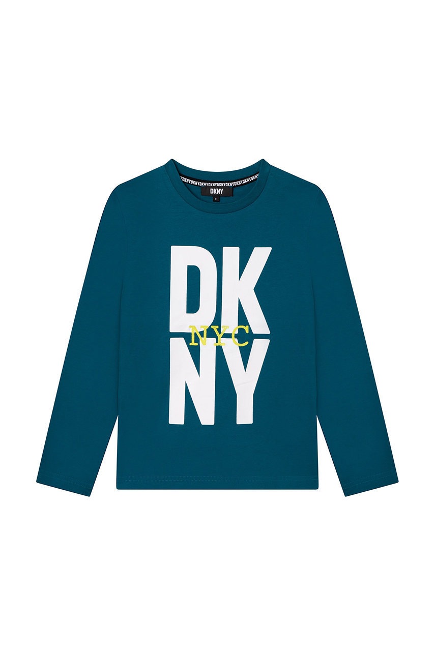 Dkny longsleeve din bumbac pentru copii culoarea turcoaz, cu imprimeu