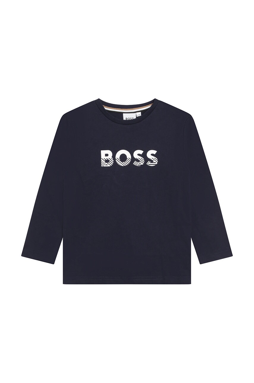 Boss longsleeve din bumbac pentru copii culoarea albastru marin, cu imprimeu