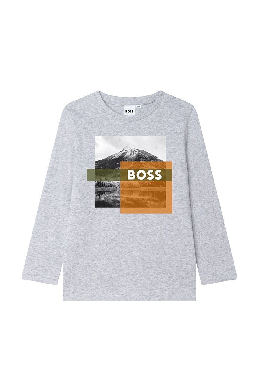 Boss longsleeve din bumbac pentru copii culoarea gri, cu imprimeu