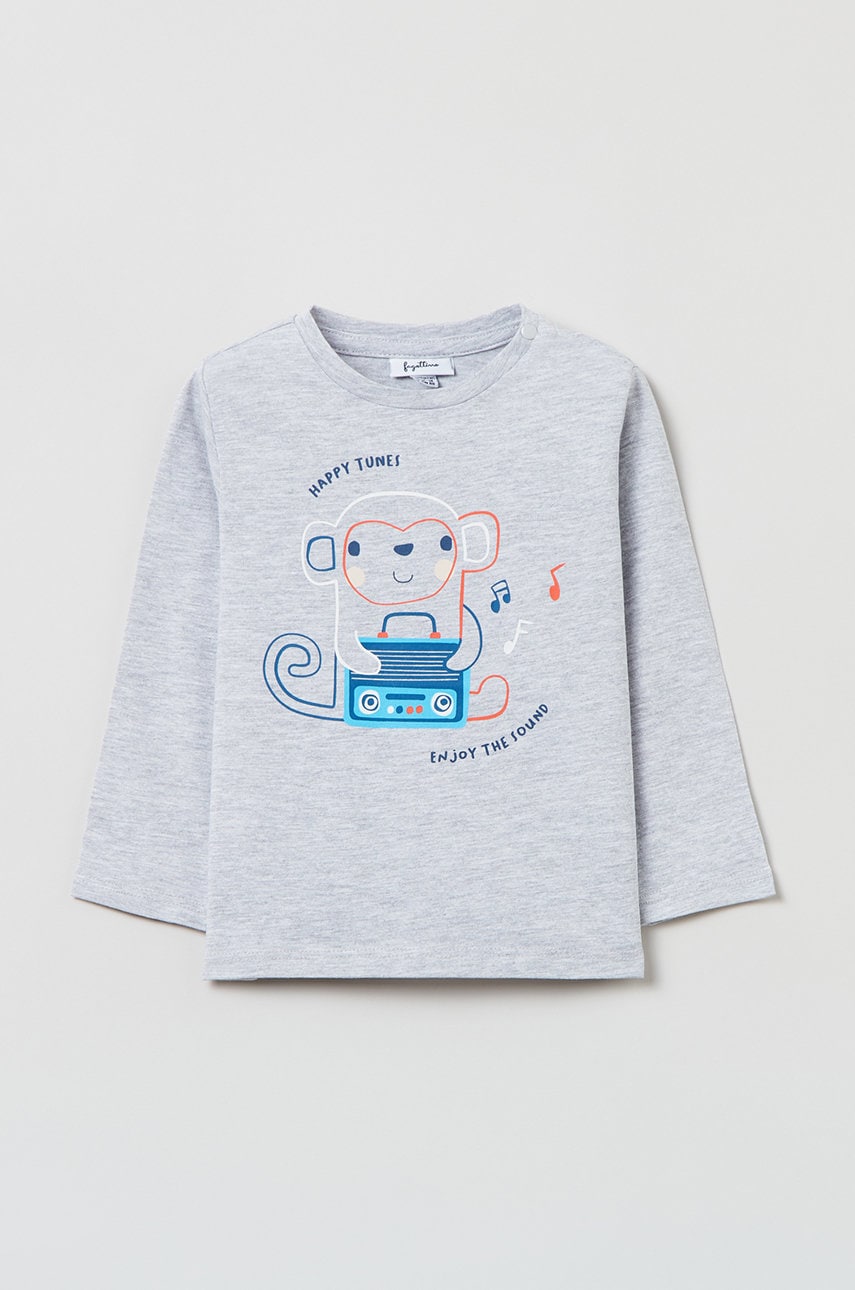 OVS longsleeve din bumbac pentru copii culoarea gri, cu imprimeu