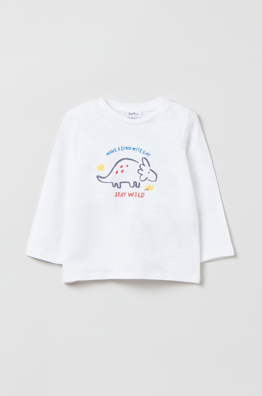 OVS longsleeve din bumbac pentru bebeluși culoarea alb, cu imprimeu