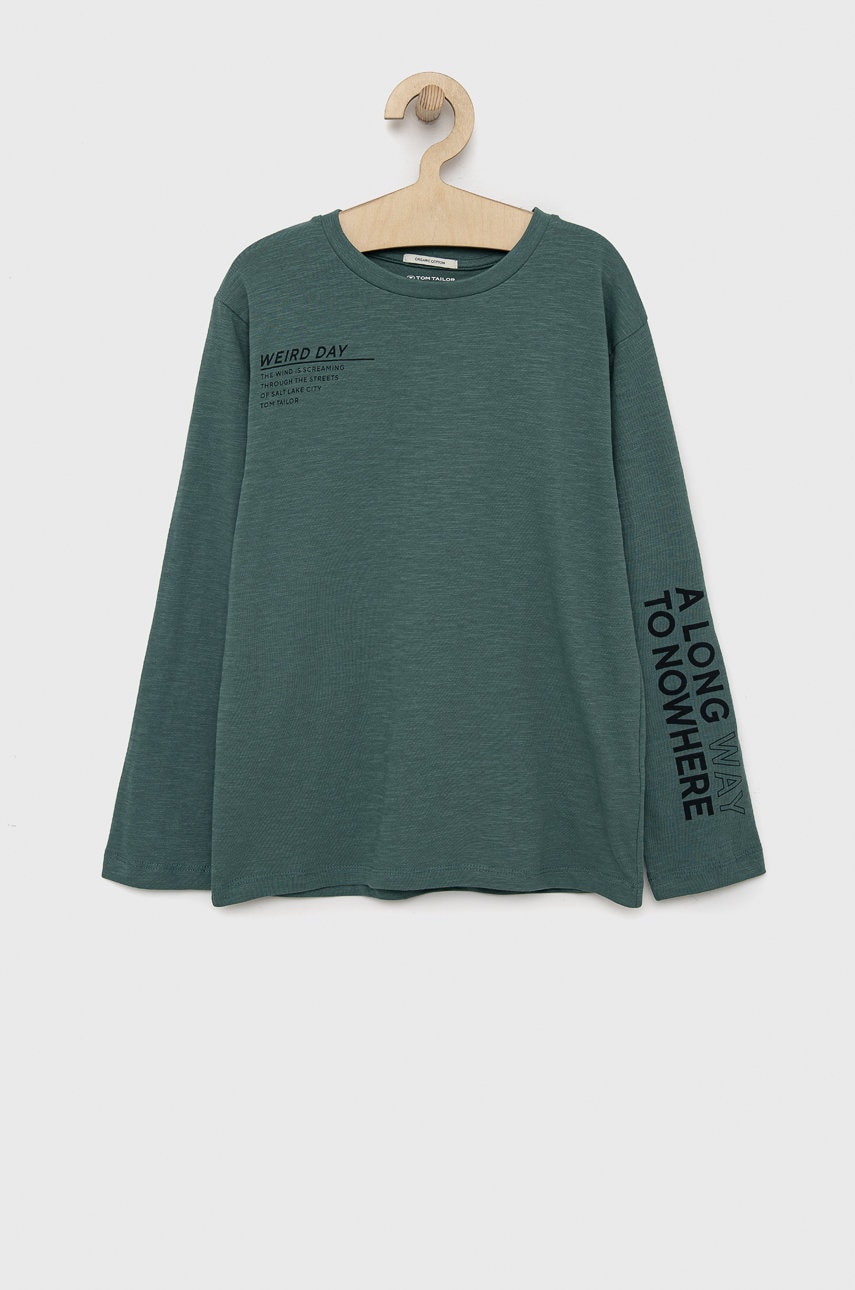 Tom Tailor longsleeve din bumbac pentru copii culoarea verde, neted