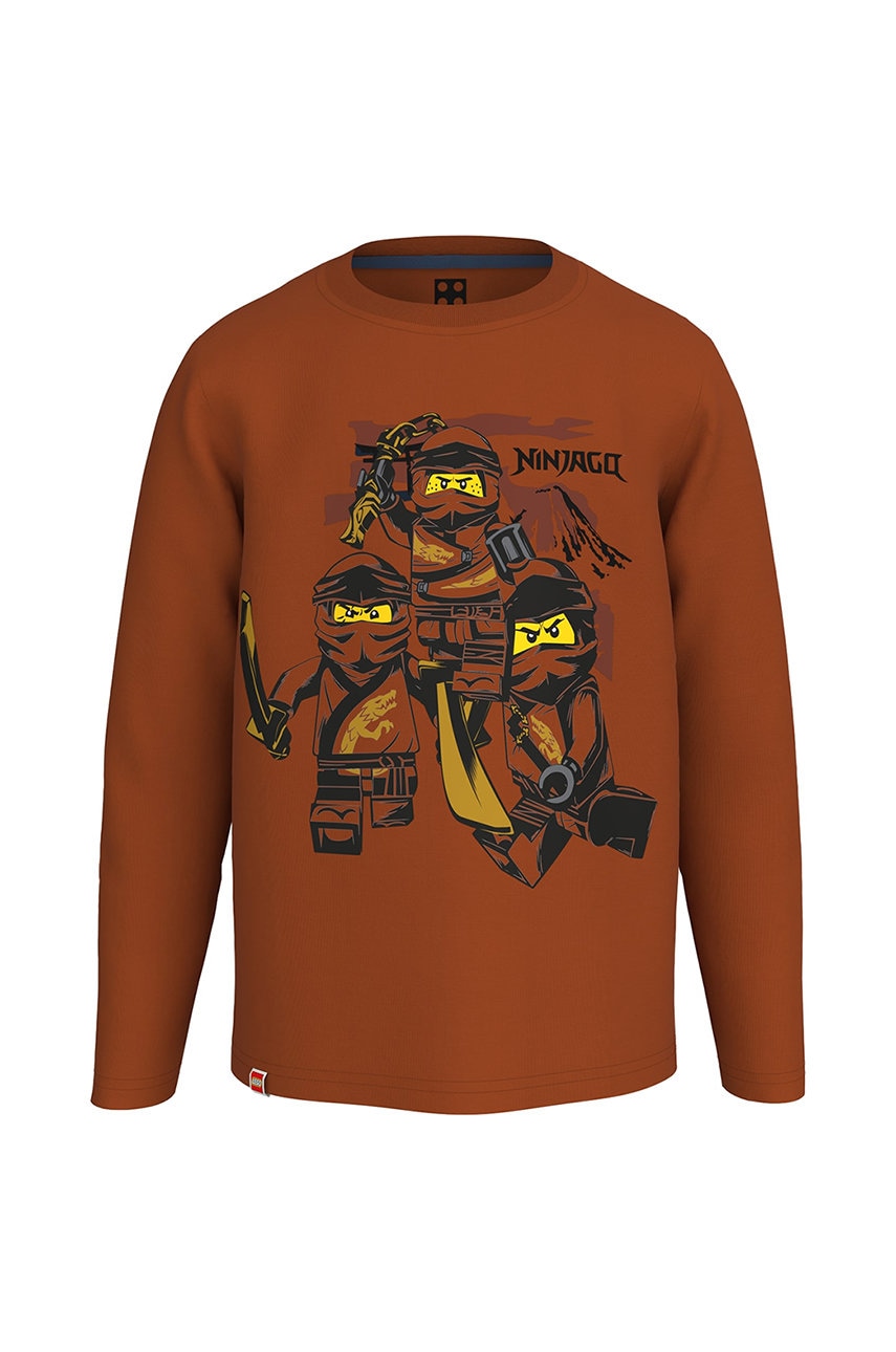 Lego wear longsleeve din bumbac pentru copii culoarea maro, cu imprimeu