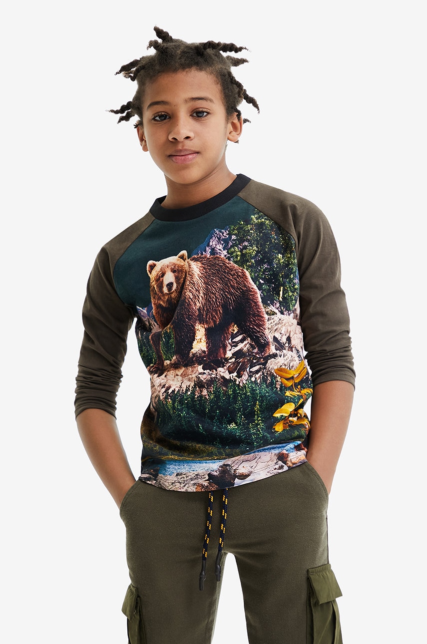 Desigual longsleeve din bumbac pentru copii culoarea maro, cu imprimeu