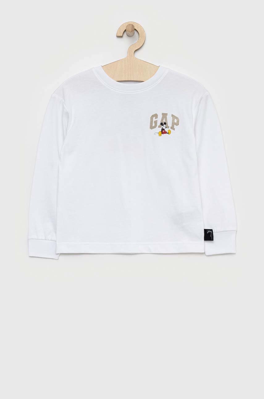 GAP longsleeve din bumbac pentru copii culoarea alb, cu imprimeu