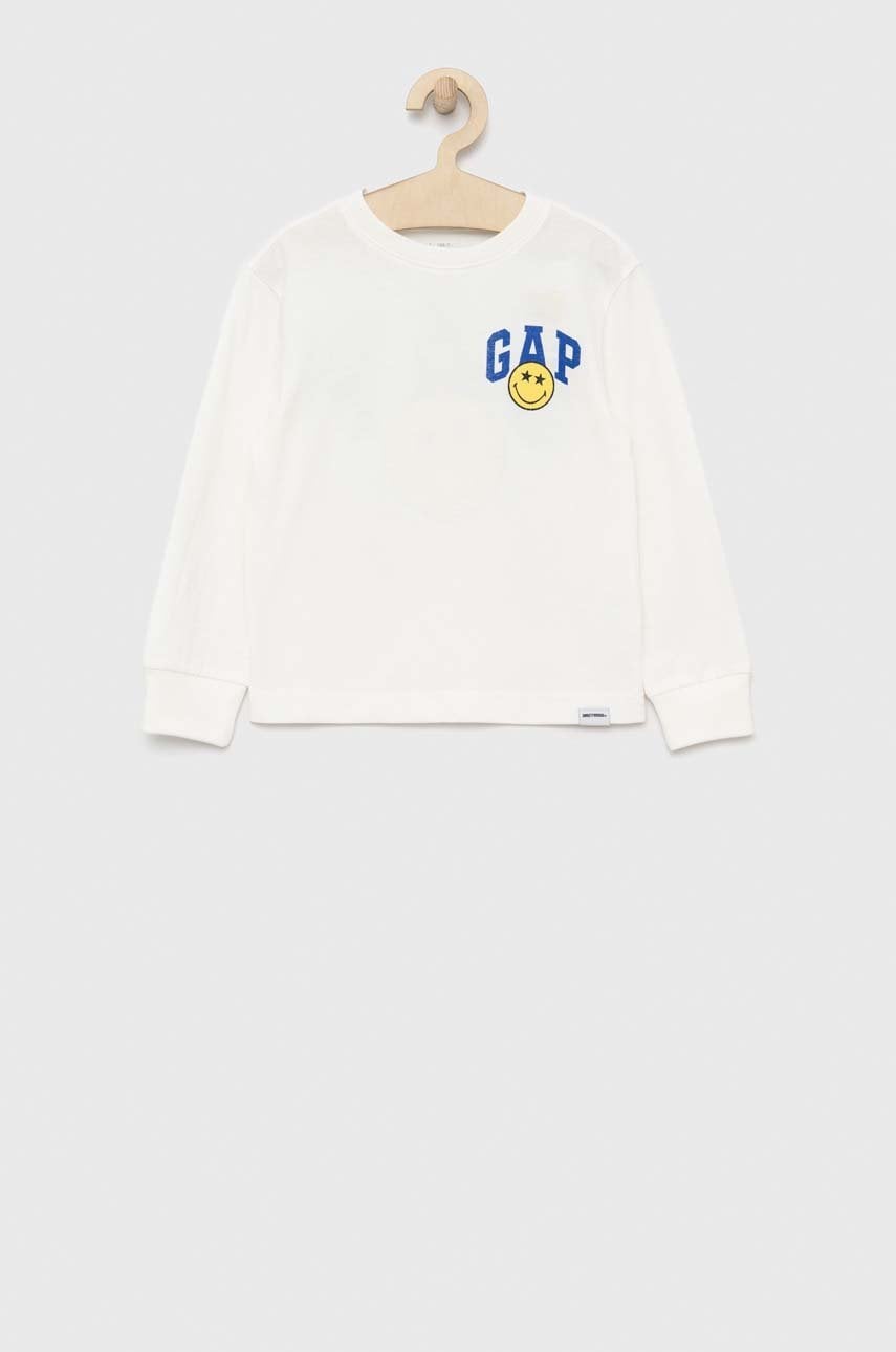 GAP longsleeve din bumbac pentru copii X Smiley culoarea alb, cu imprimeu