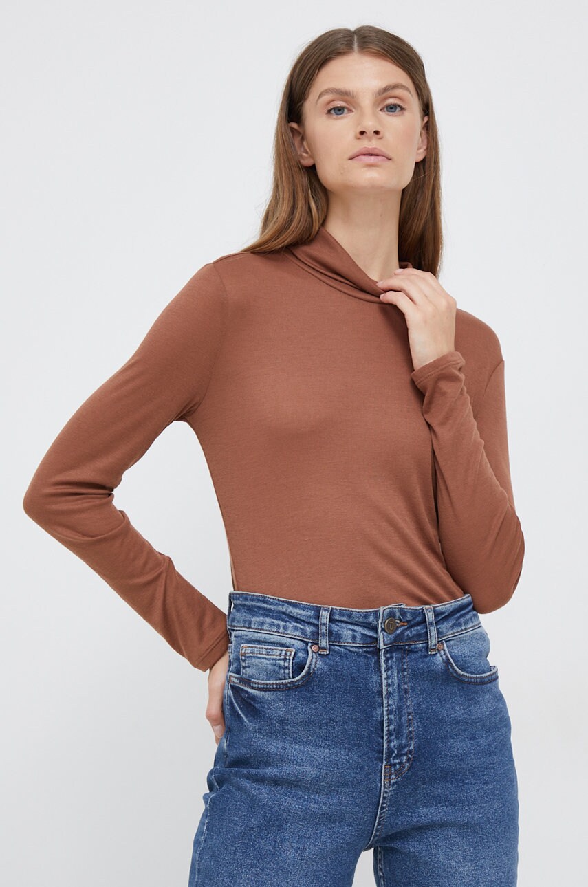 Vero moda longsleeve femei, culoarea maro, cu guler