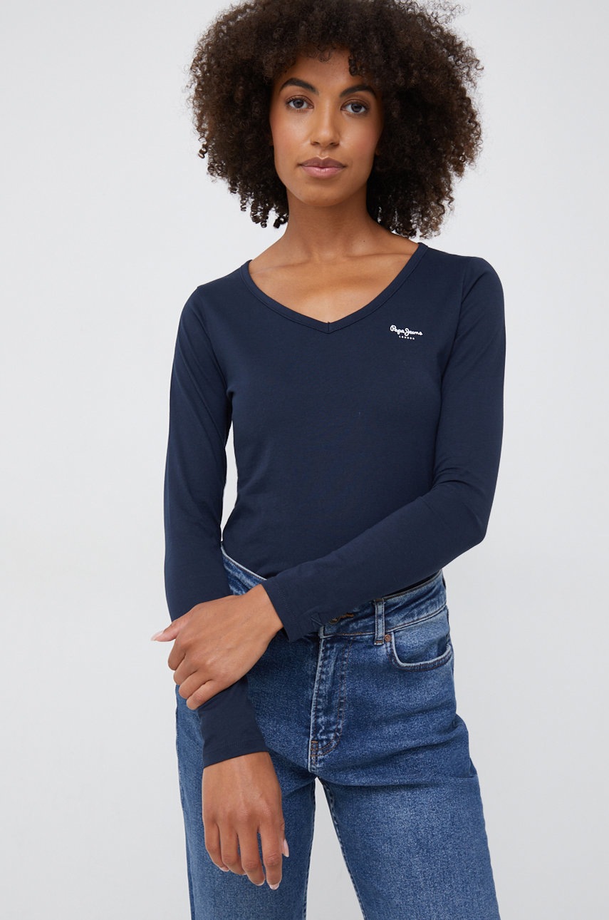 Pepe Jeans longsleeve din bumbac culoarea albastru marin