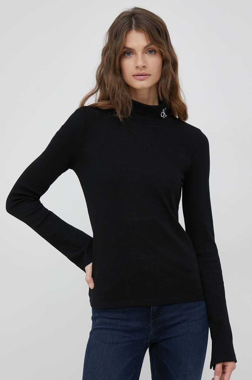 

Блуза с дълги ръкави Calvin Klein Jeans в черно с ниско поло, Черен