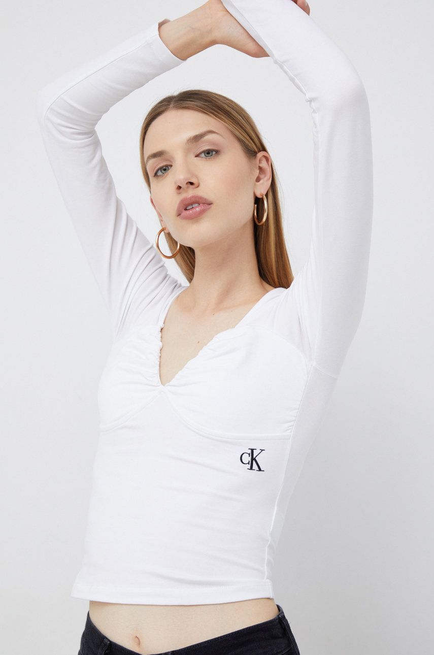 Tričko s dlouhým rukávem Calvin Klein Jeans bílá barva - bílá -  86% Bavlna