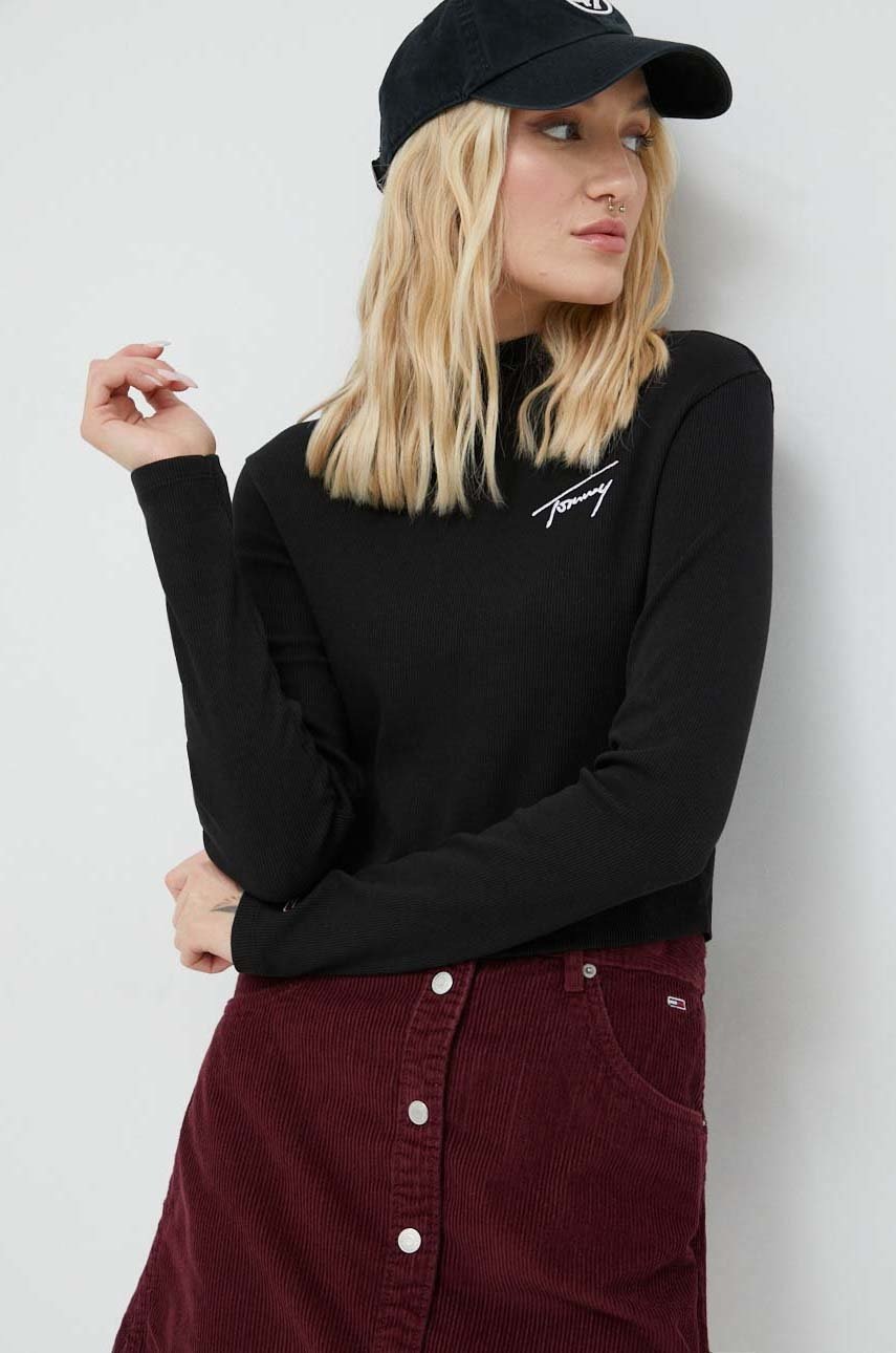 

Блуза с дълги ръкави Tommy Jeans в черно с ниско поло, Черен