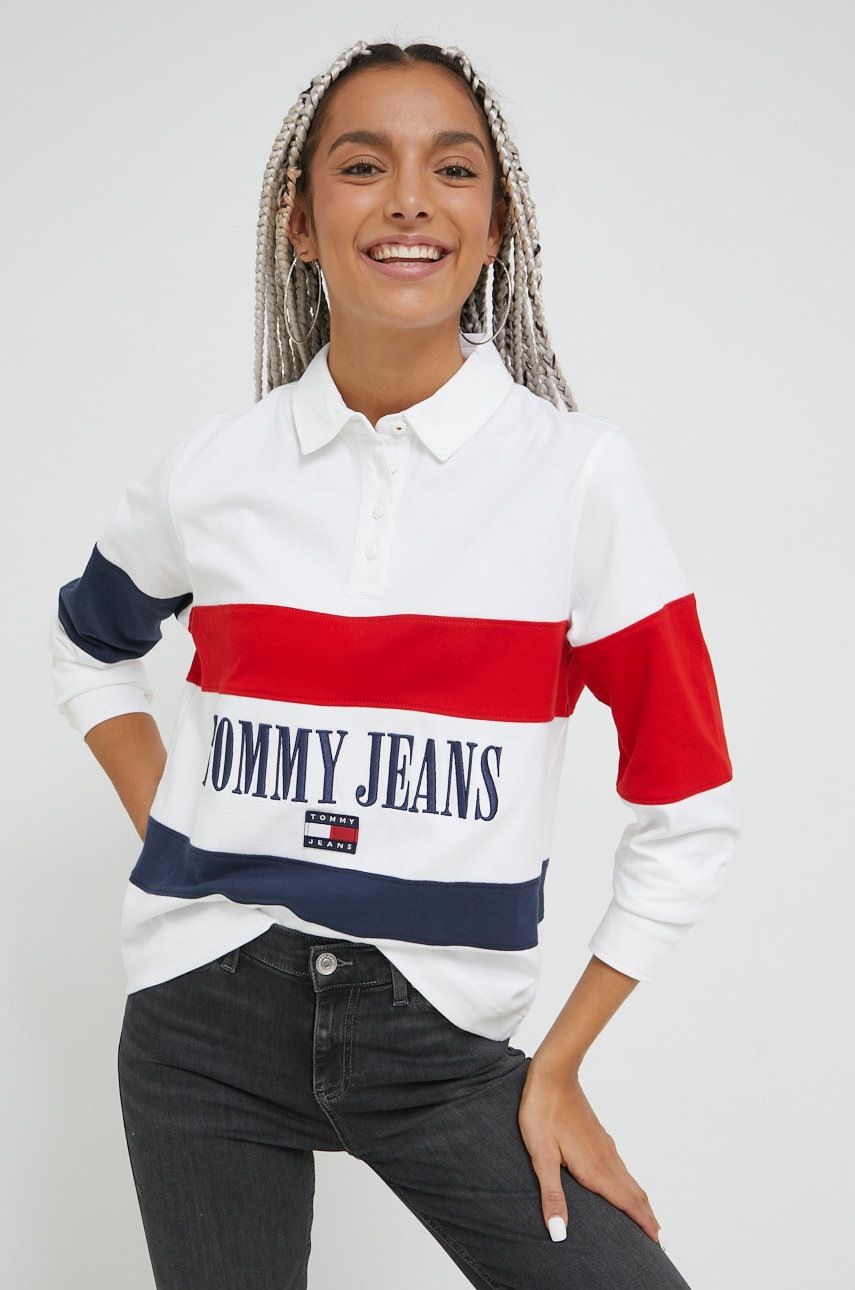 

Памучна блуза с дълги ръкави Tommy Jeans в бяло с яка тип peter pan, Бял