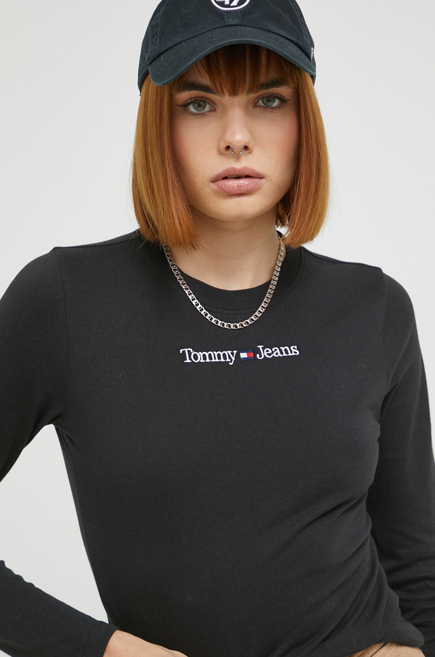 

Памучна блуза с дълги ръкави Tommy Jeans в черно, Черен