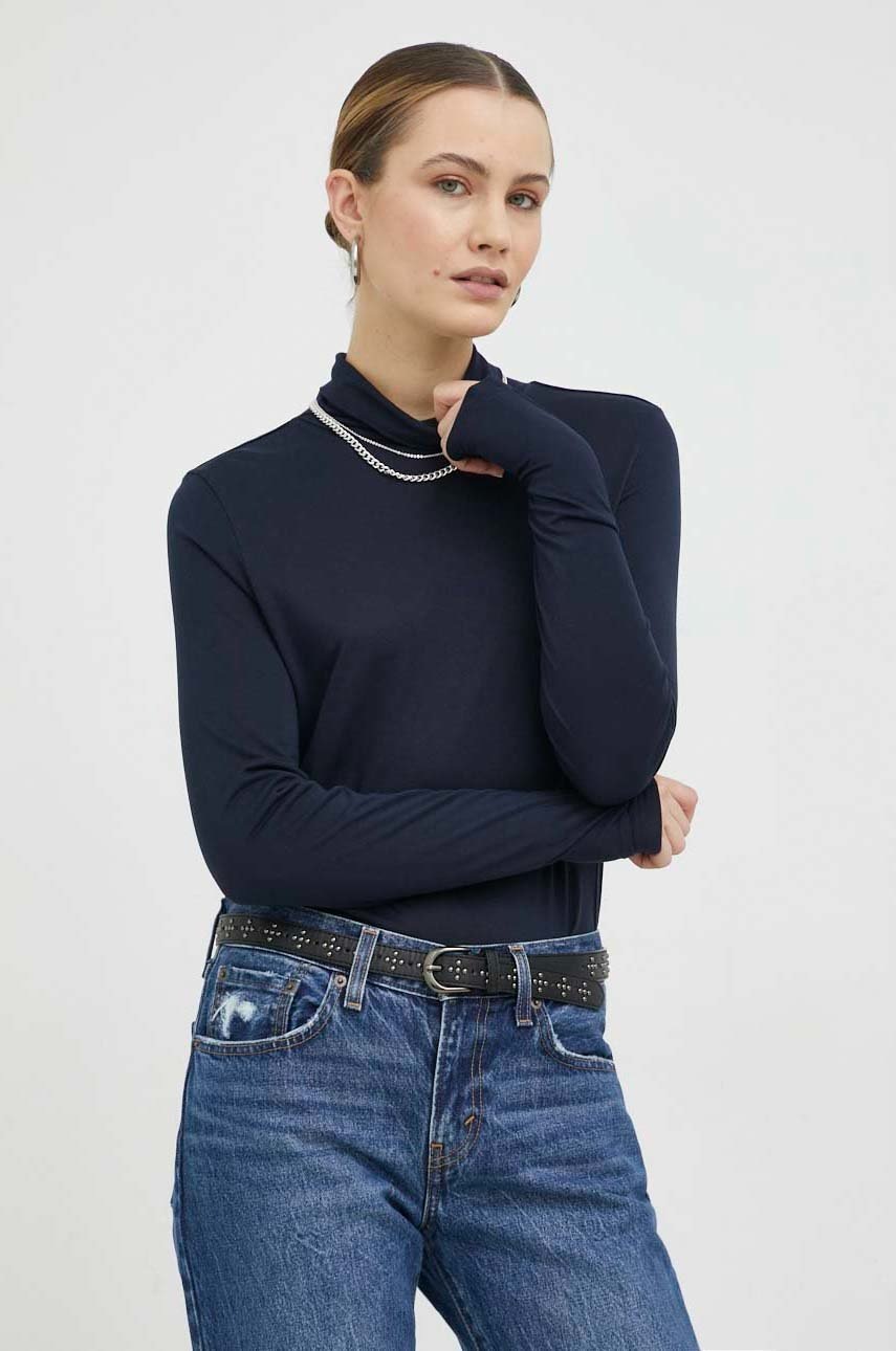 

Памучна блуза с дълги ръкави Mustang в тъмносиньо с поло, Тъмносин