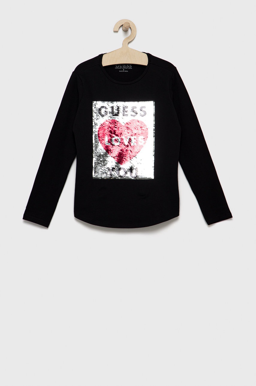 

Дитячий лонгслів Guess колір чорний