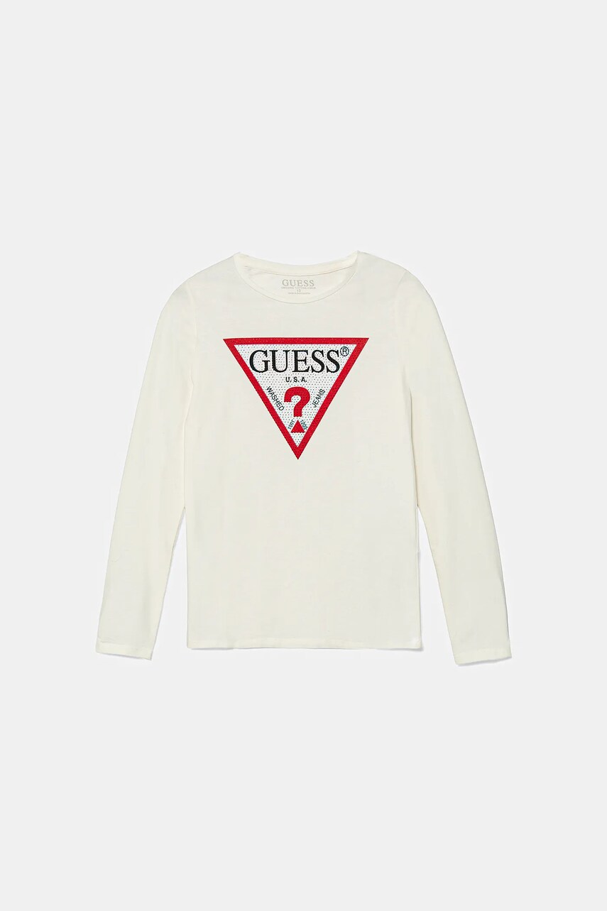 Levně Dětské tričko s dlouhým rukávem Guess bílá barva