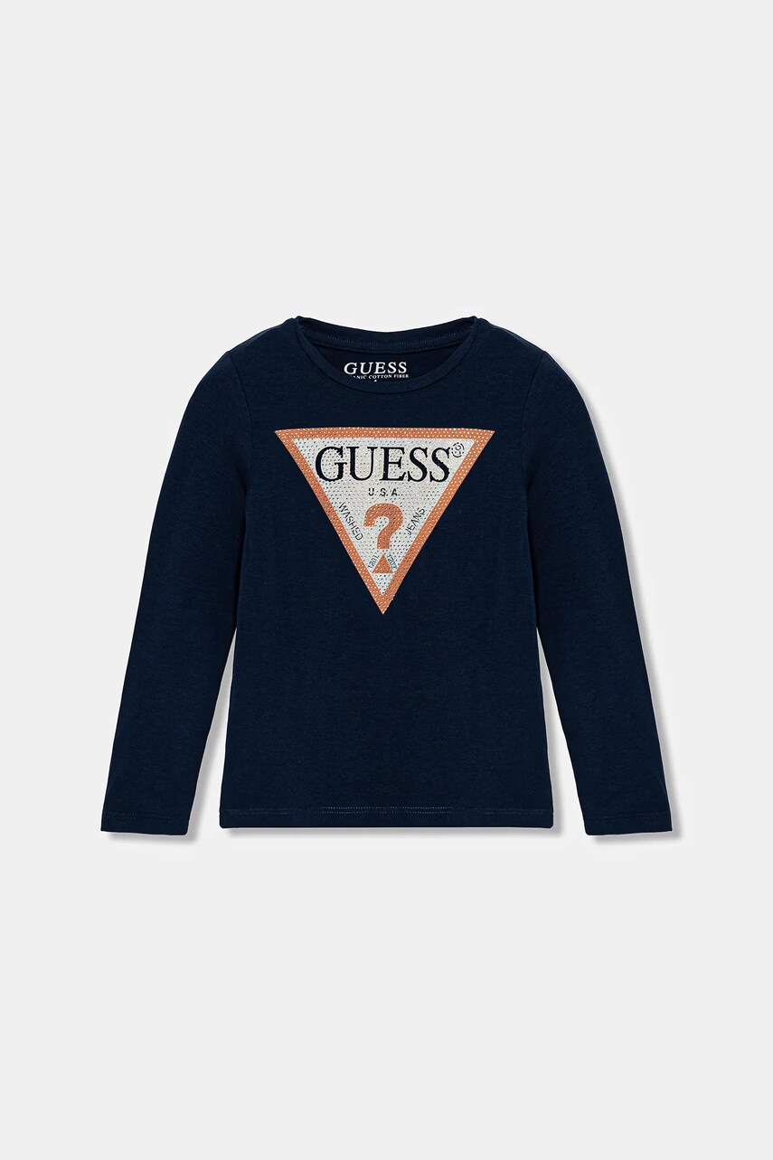 Levně Dětské tričko s dlouhým rukávem Guess tmavomodrá barva