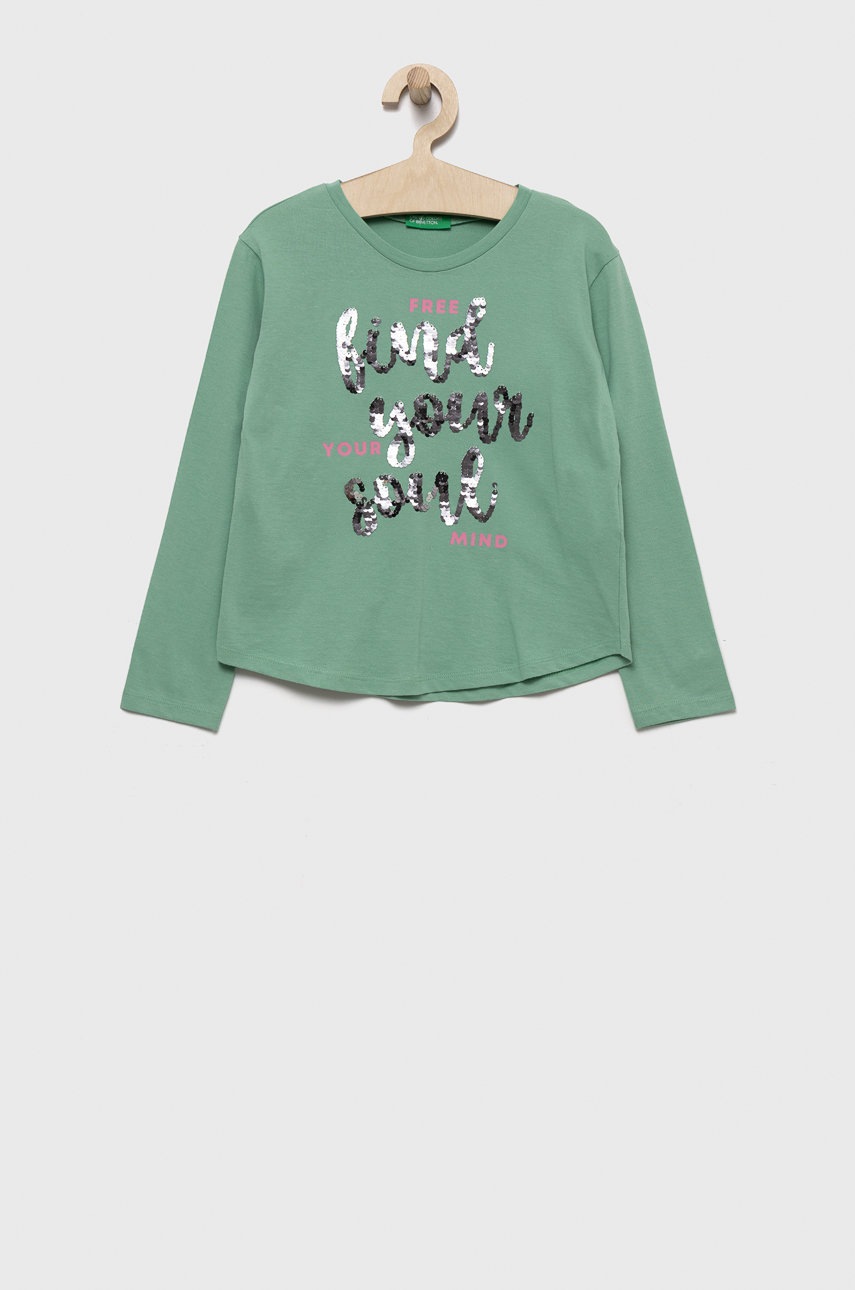 

Дитячий бавовняний лонгслів United Colors of Benetton колір бірюзовий