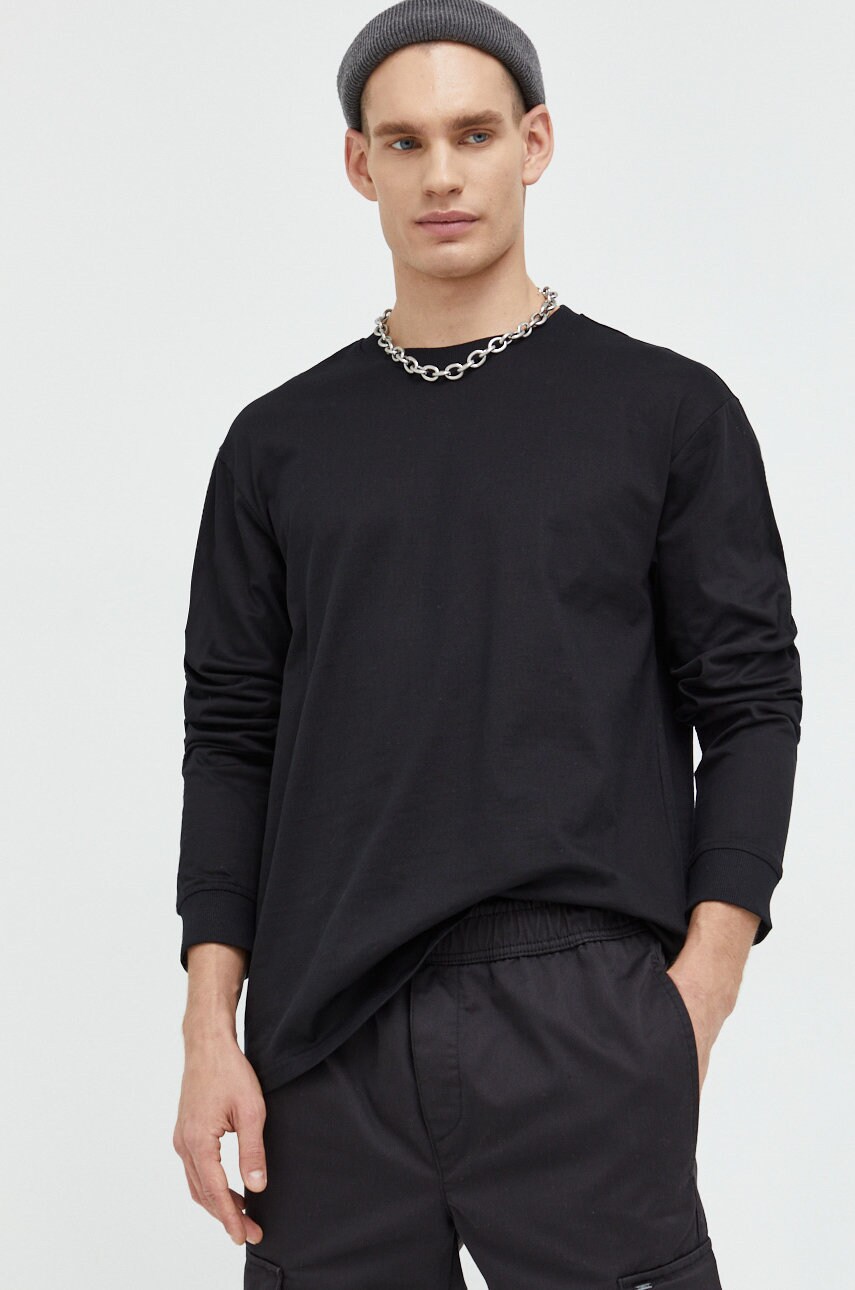 Only & sons longsleeve din bumbac barbati, culoarea negru, neted