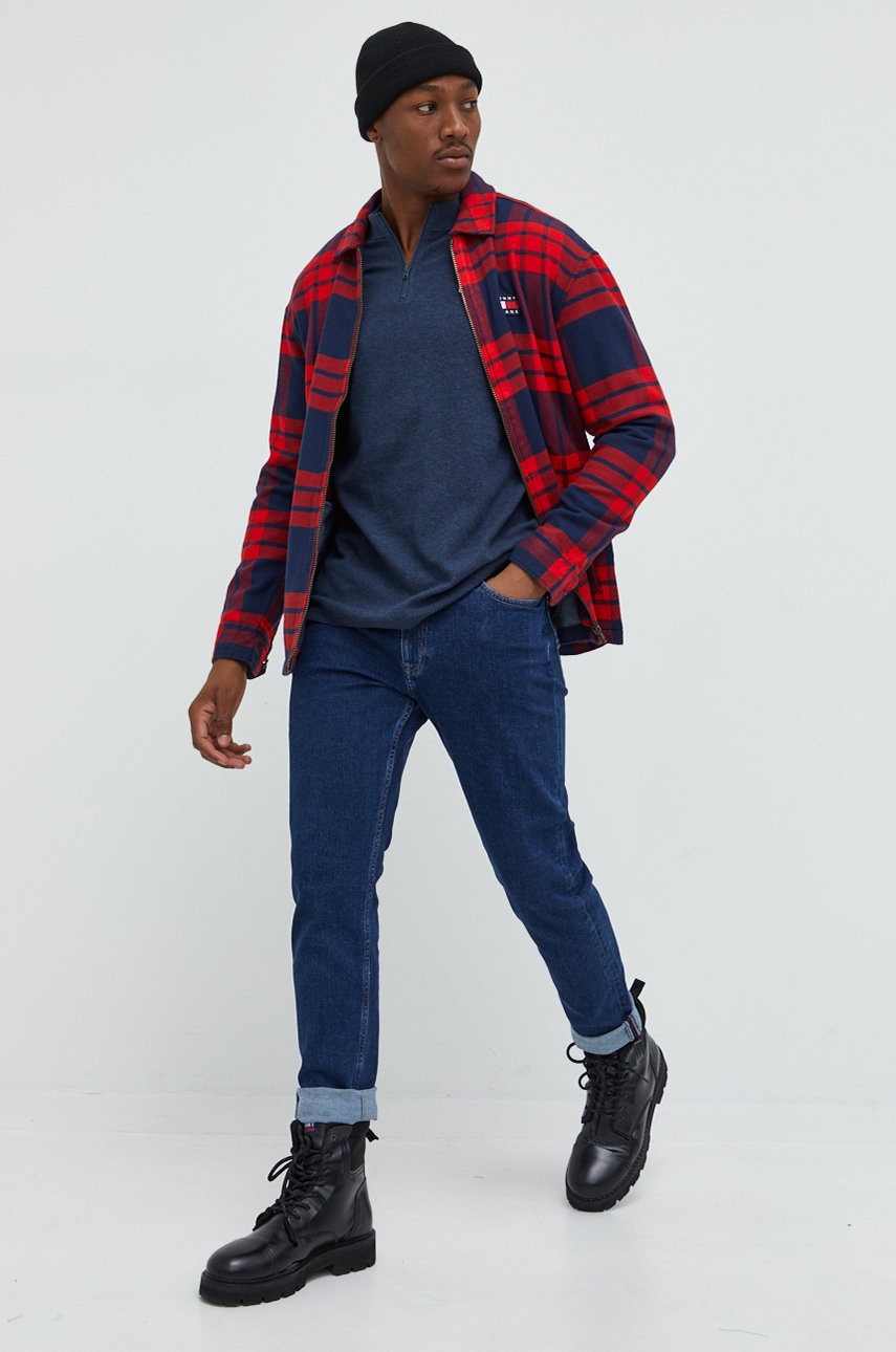 

Бавовняний лонгслів Tommy Jeans колір синій однотонний