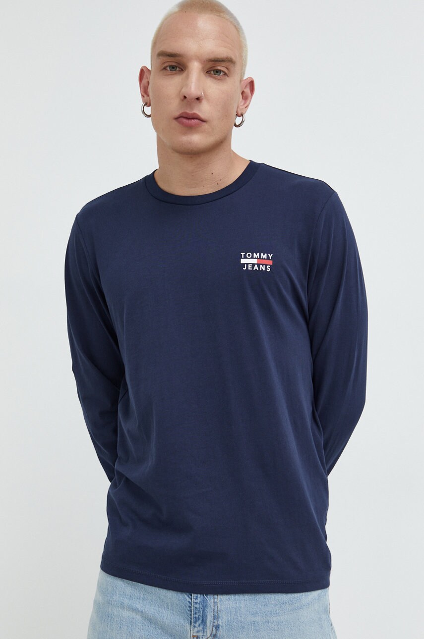 Tommy jeans longsleeve din bumbac culoarea albastru marin, cu imprimeu