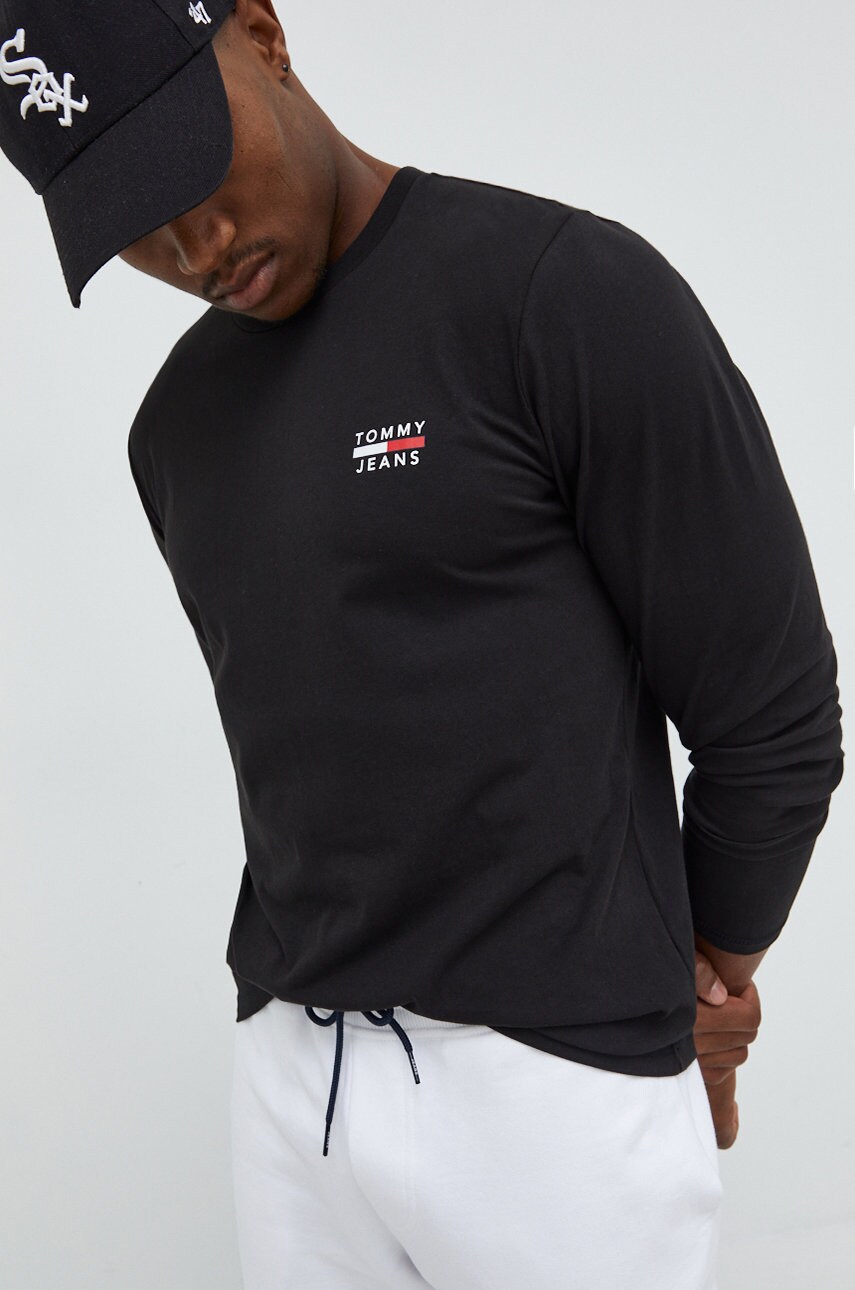 Tommy jeans longsleeve din bumbac culoarea negru, cu imprimeu