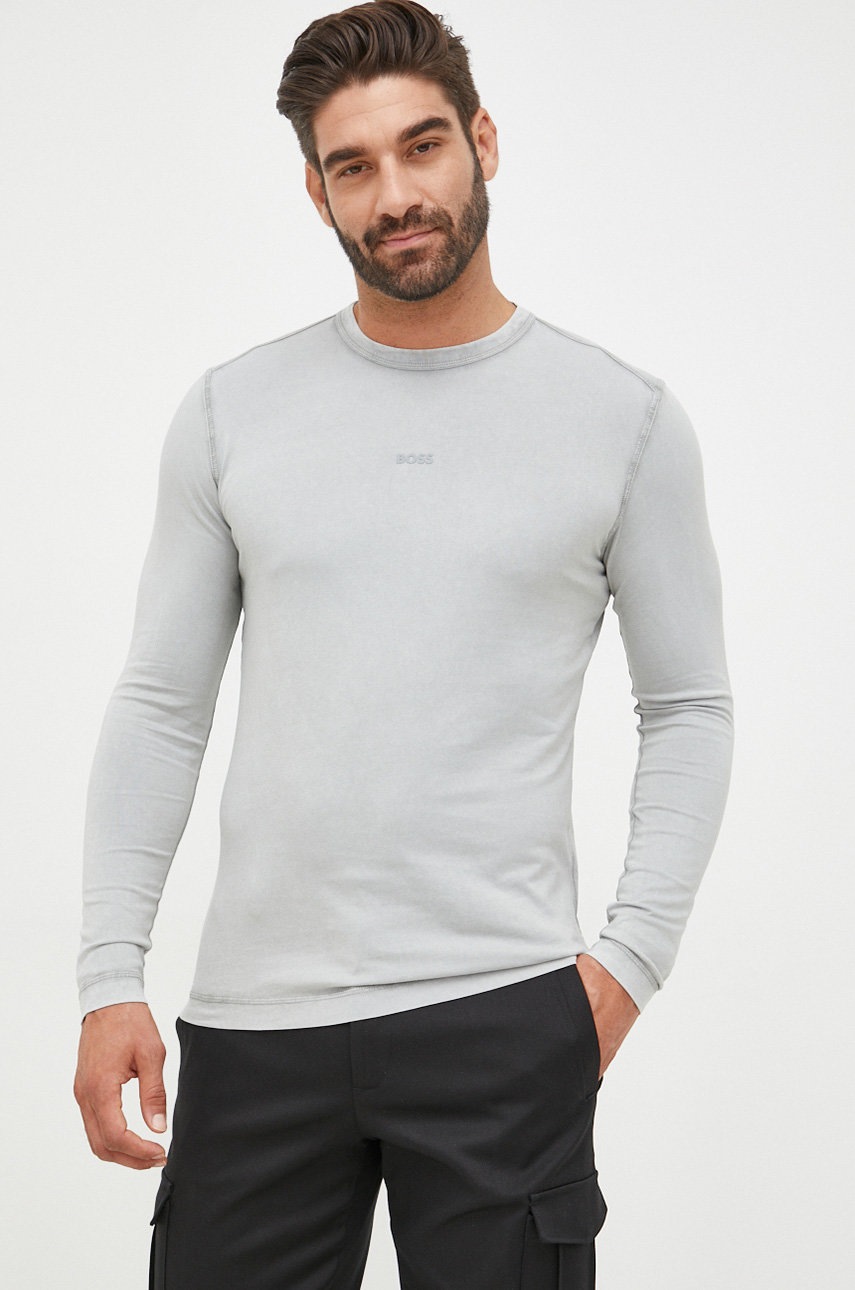 

Памучна блуза с дълги ръкави BOSS Boss Casual в сиво с изчистен дизайн, Сив