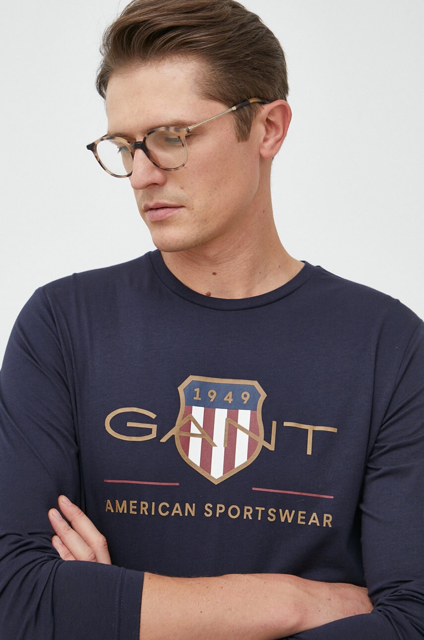 Gant longsleeve din bumbac culoarea albastru marin, cu imprimeu