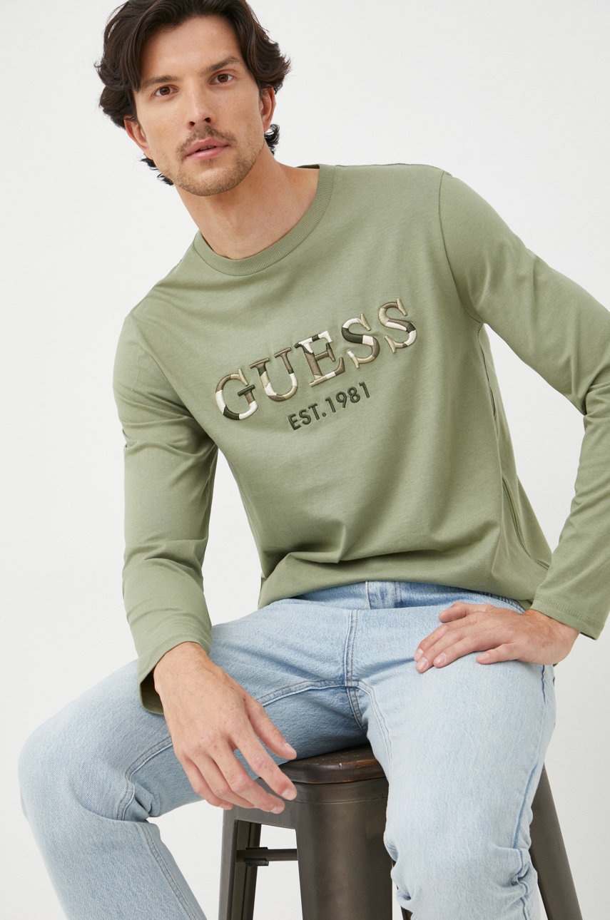 

Памучна блуза с дълги ръкави Guess в зелено с изчистен дизайн, Зелен