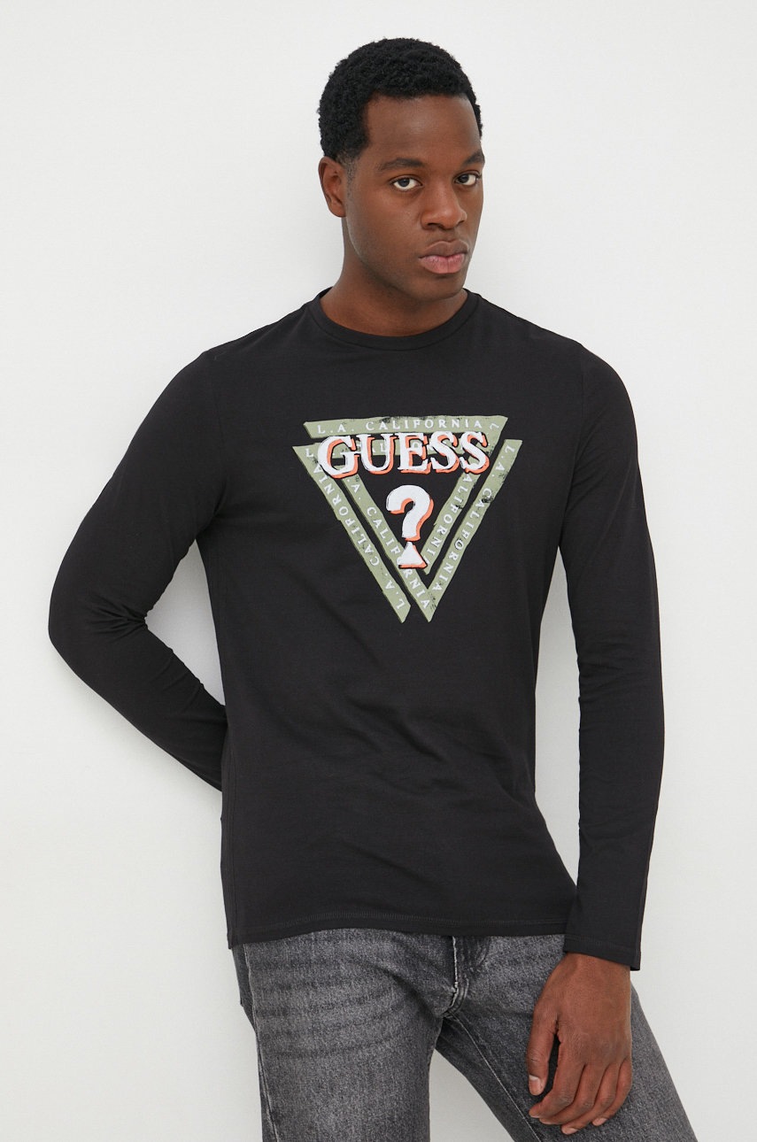 

Блуза с дълги ръкави Guess в черно с принт, Черен