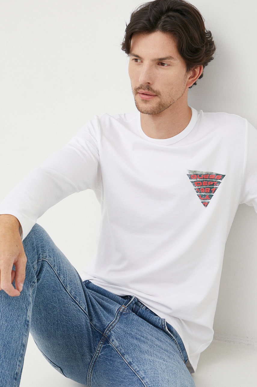 

Лонгслив Guess мужской цвет белый однотонный