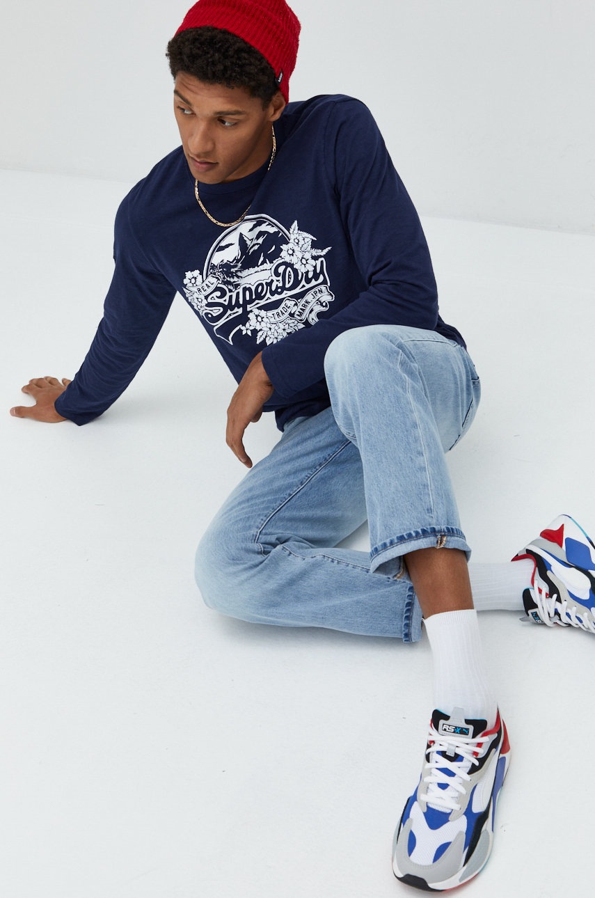 

Памучна блуза с дълги ръкави Superdry в тъмносиньо с принт, Тъмносин