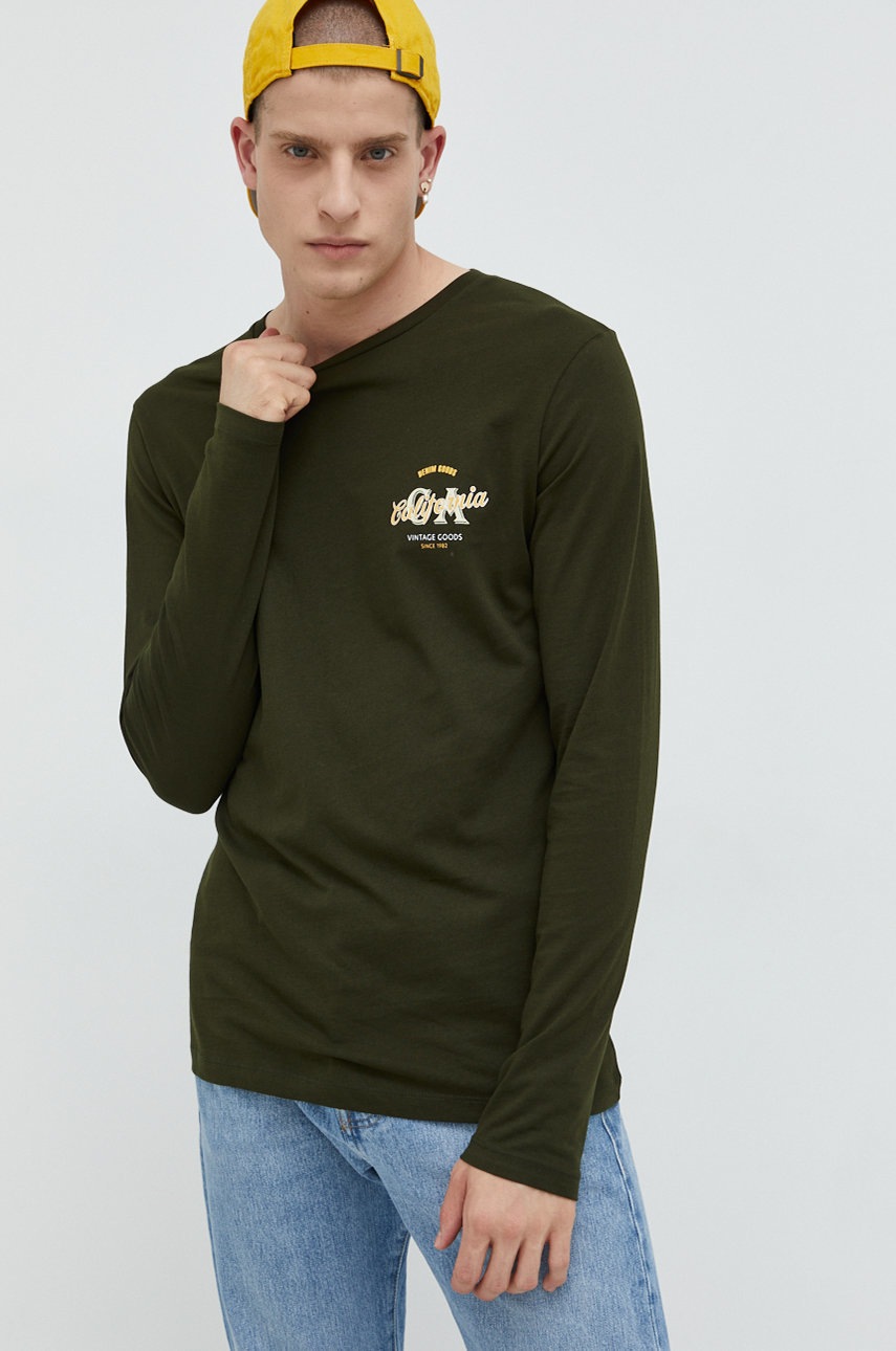 

Бавовняний лонгслів Produkt by Jack & Jones колір зелений з принтом