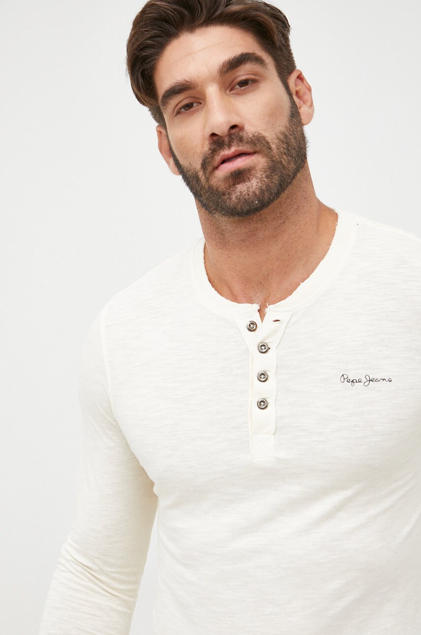 Pepe jeans longsleeve din bumbac culoarea bej, neted