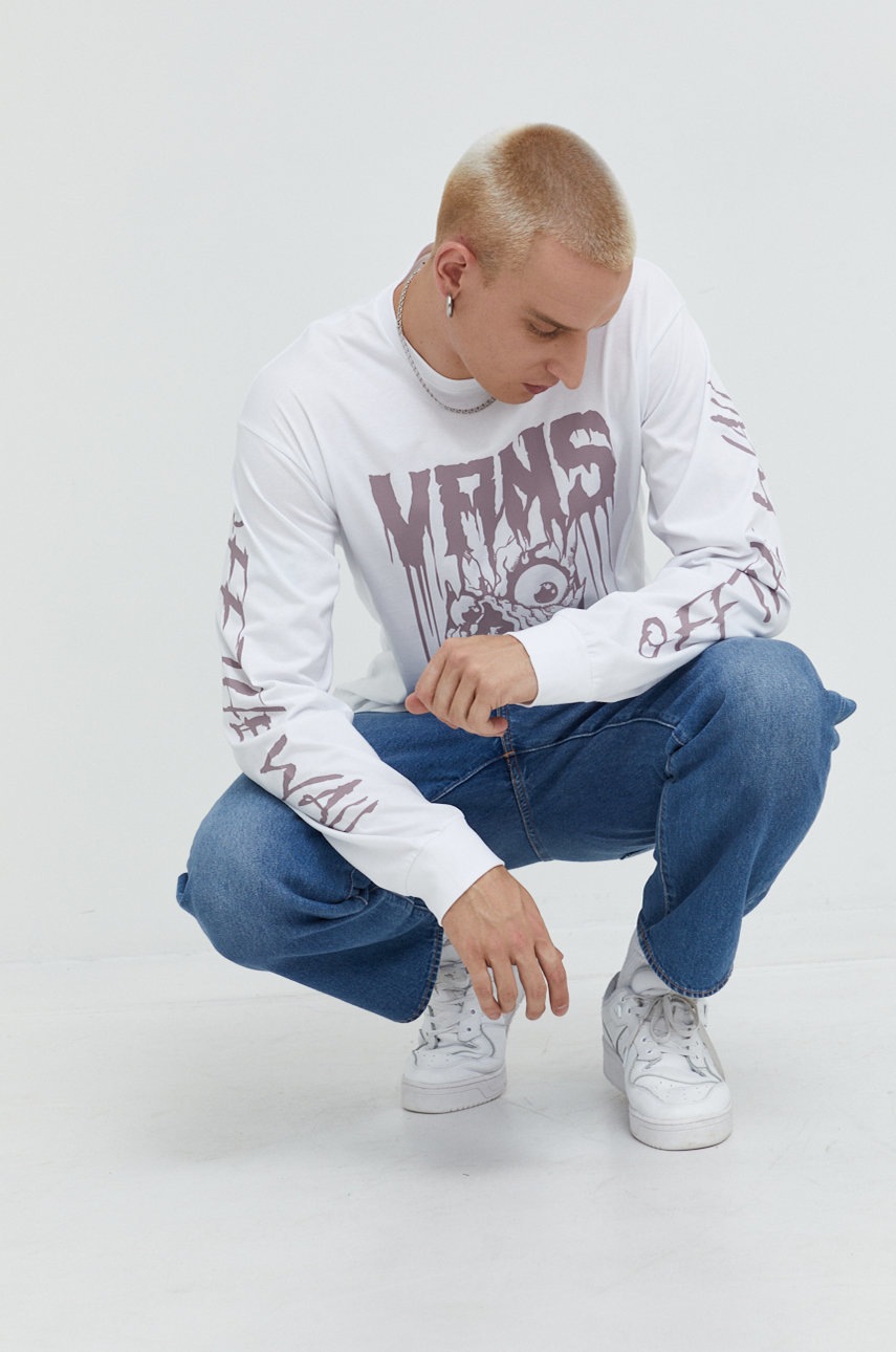 

Памучна блуза с дълги ръкави Vans в бяло с принт, Бял