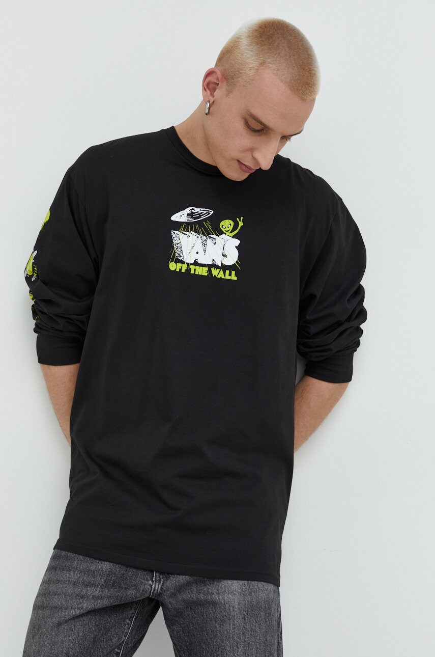 

Памучна блуза с дълги ръкави Vans в черно с принт, Черен