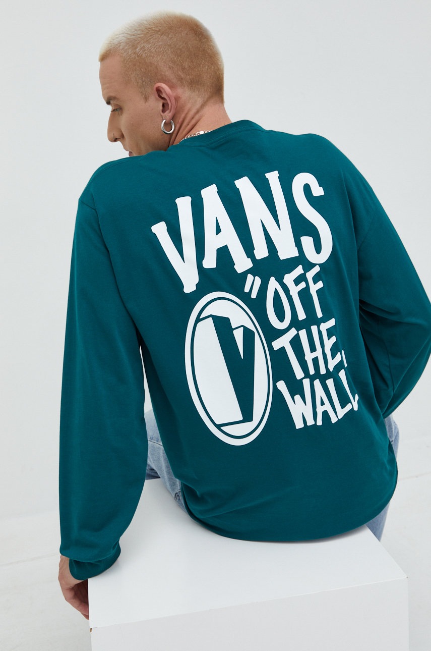 

Памучна блуза с дълги ръкави Vans в зелено с принт, Зелен