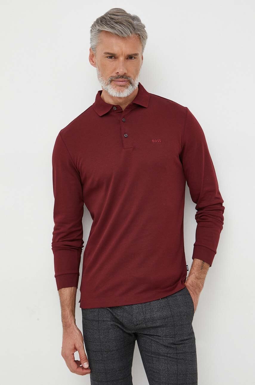 BOSS longsleeve din bumbac culoarea bordo, neted, 50468392